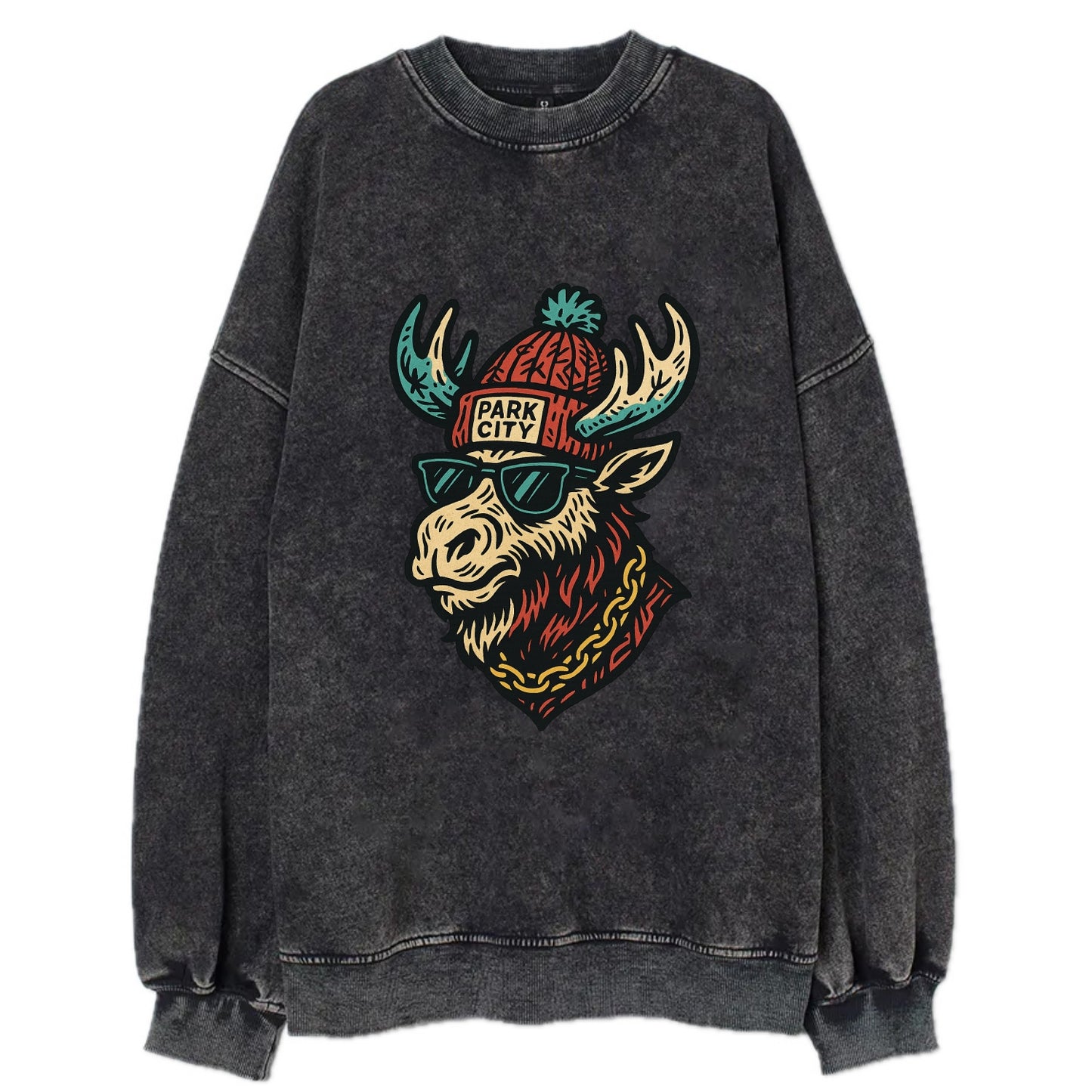 Park City Moose wearing Park City beanie with pom pom and wayfarer sunglasses - Vintage Sweatshirt - Black