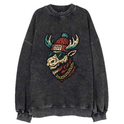 Park City Moose wearing Park City beanie with pom pom and wayfarer sunglasses - Vintage Sweatshirt - Black