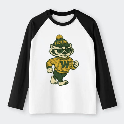 Wisconsin Badger wearing Packers green and gold beanie with pom pom - Raglan Long Sleeve T-Shirt - Black