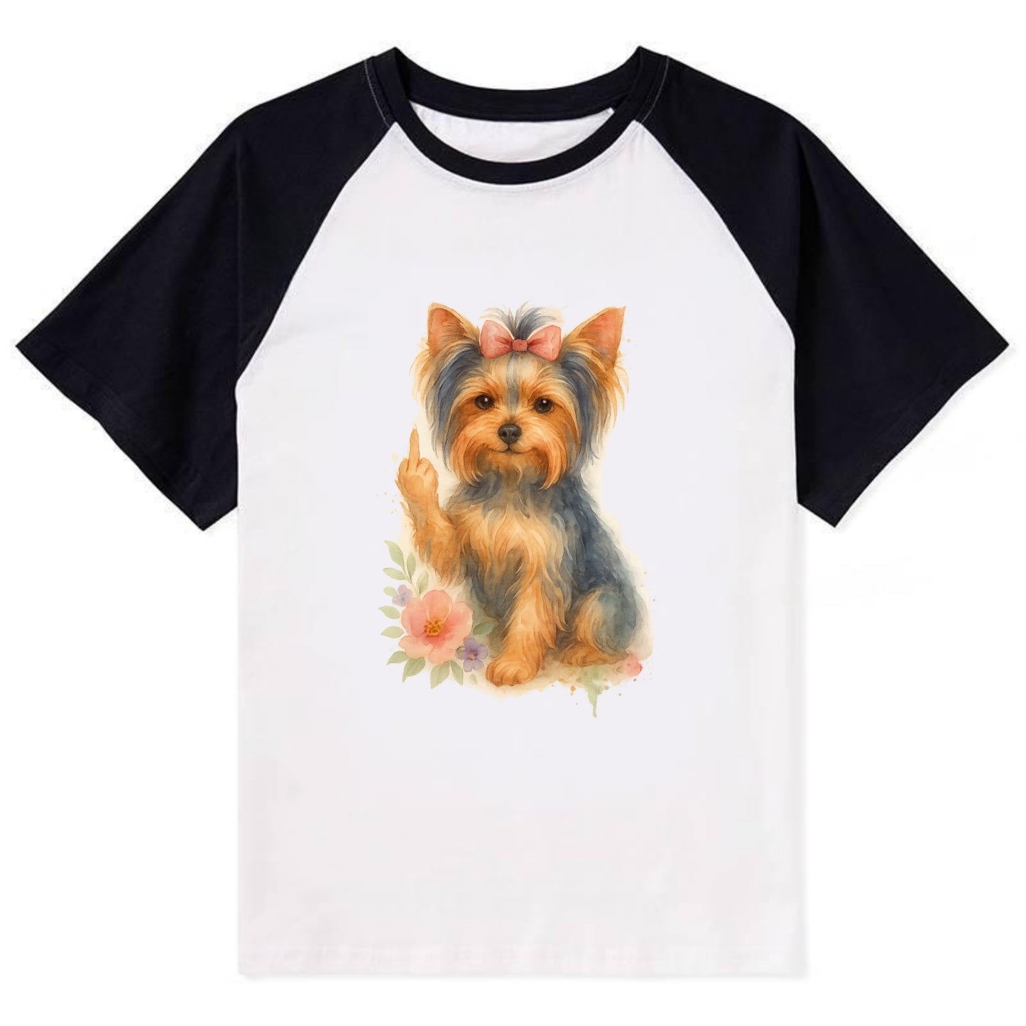 Yorkshire Terrier with topknot bow, one delicate paw flipping off - Contrast Raglan T-shirt - Black