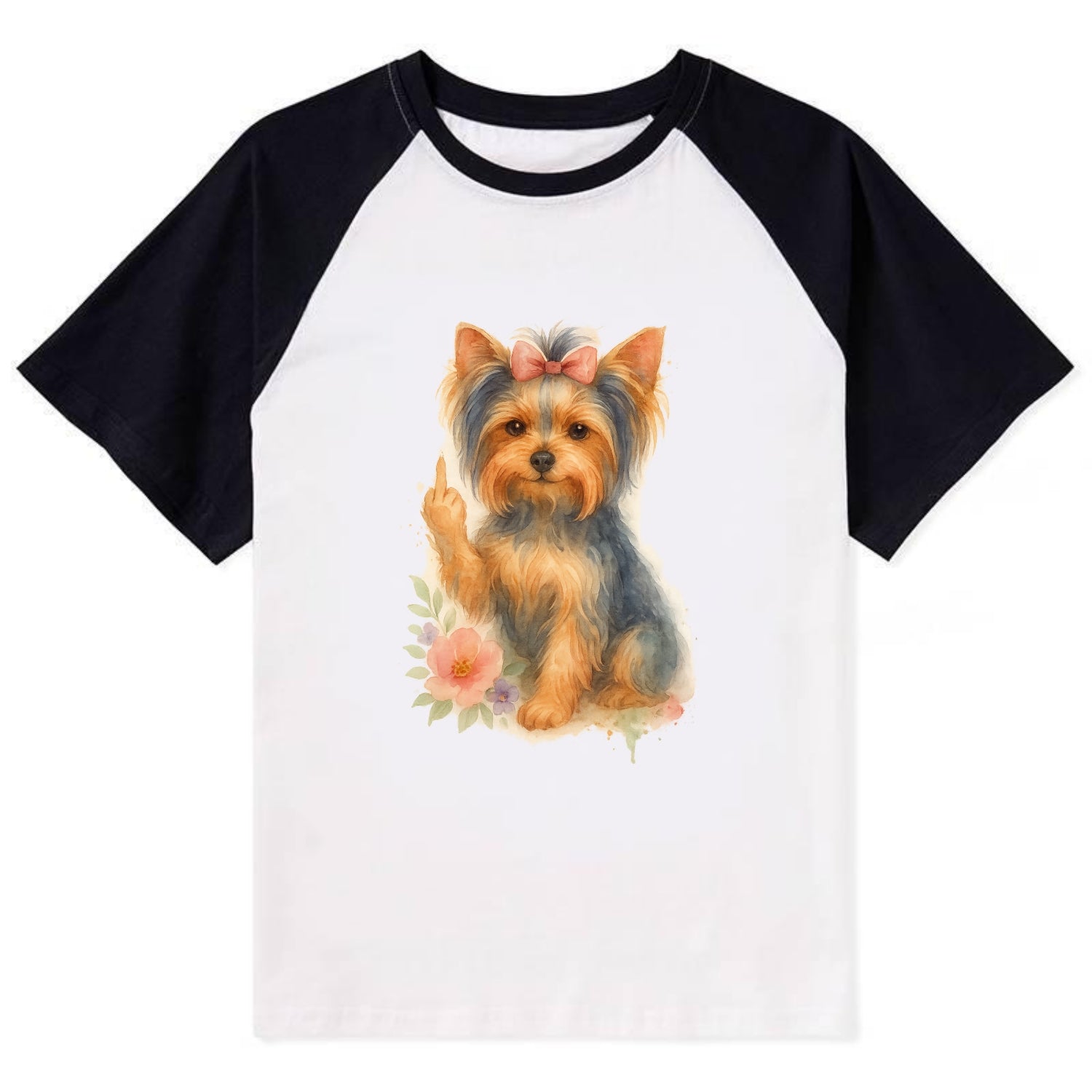 Yorkshire Terrier with topknot bow, one delicate paw flipping off - Contrast Raglan T-shirt - Black