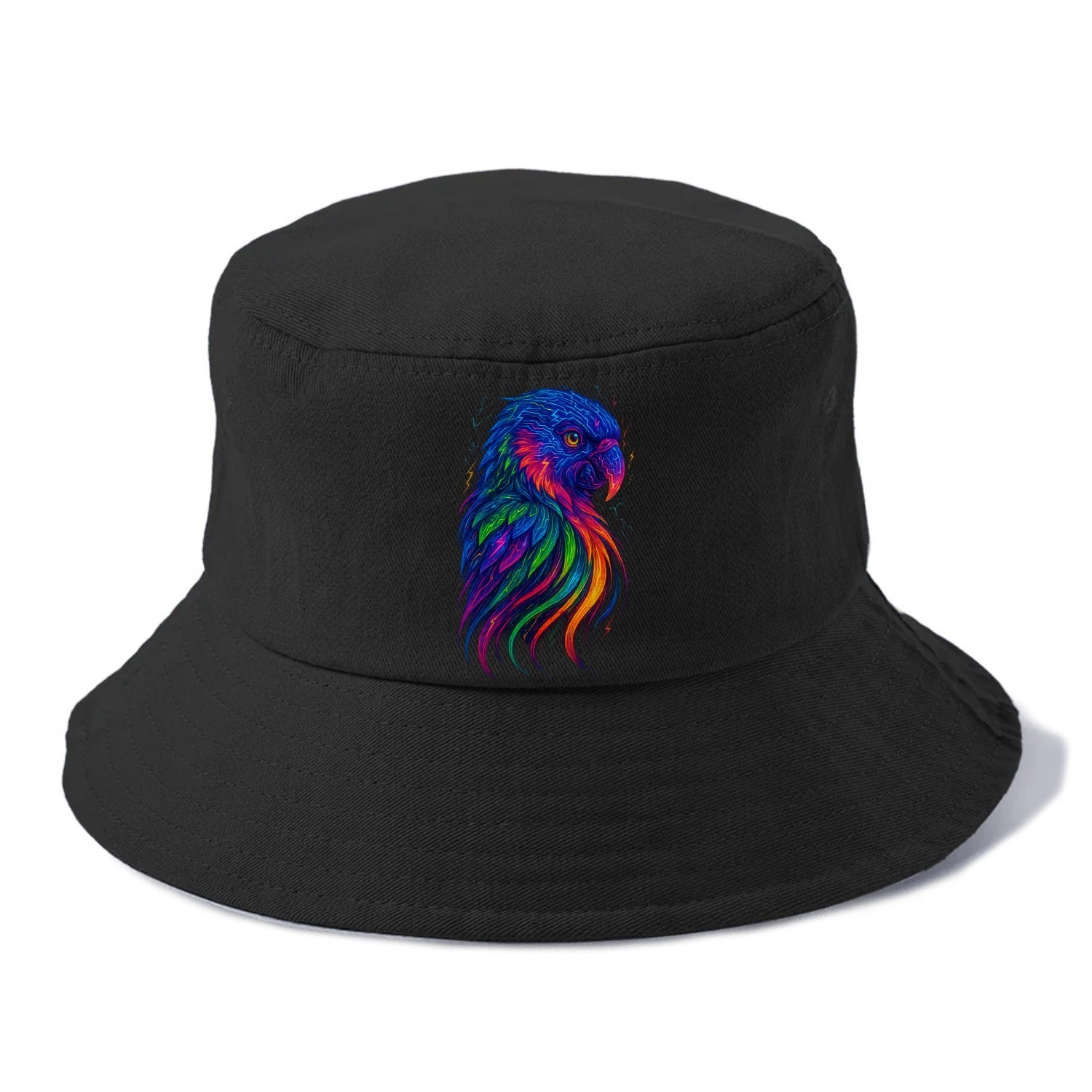 Vibrant parrot with feathers flowing into tropical rainbow streams, every color of the - Bucket Hat - Black