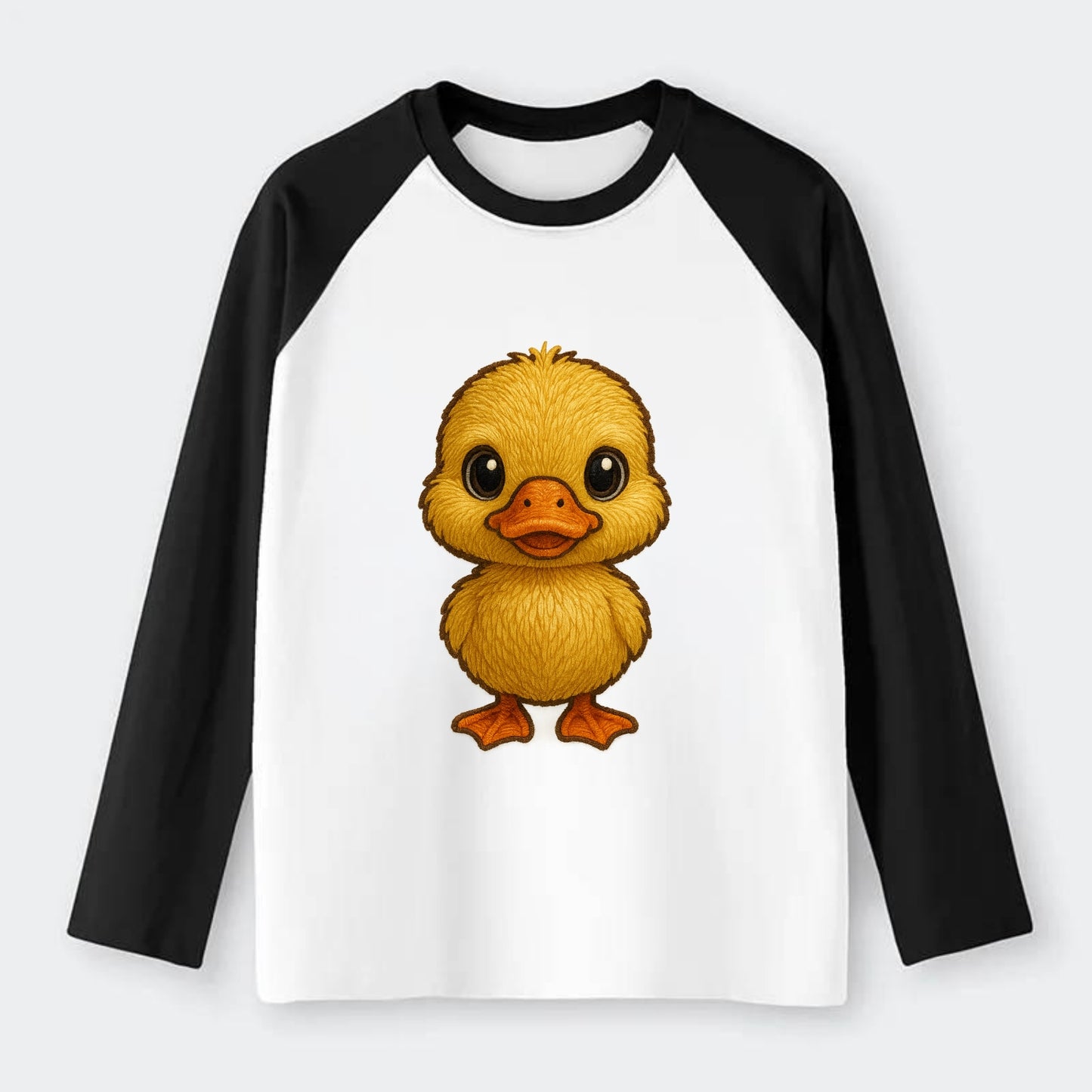Baby Duck Duckling - yellow fluffy, orange beak, bright eyes, - Raglan Long Sleeve T-Shirt - Black