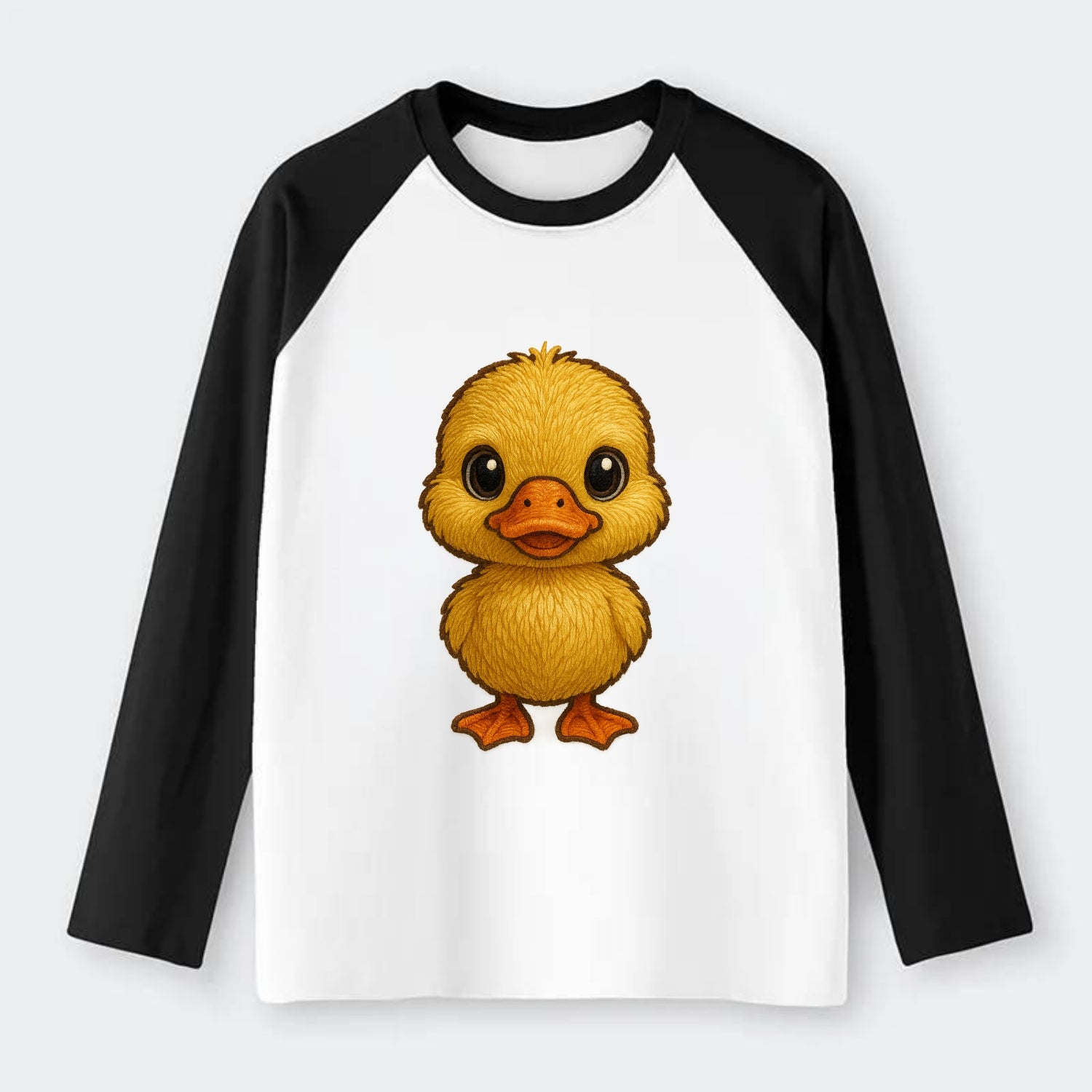 Baby Duck Duckling - yellow fluffy, orange beak, bright eyes, - Raglan Long Sleeve T-Shirt - Black