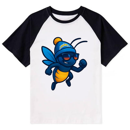 LA Lightning Bug wearing Chargers powder blue and gold beanie with pom - Contrast Raglan T-shirt - Black