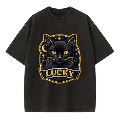 BLACK CAT LUCKY - sleek black cat with gold eyes in black , mysterious feline - Vintage T-shirt - Black