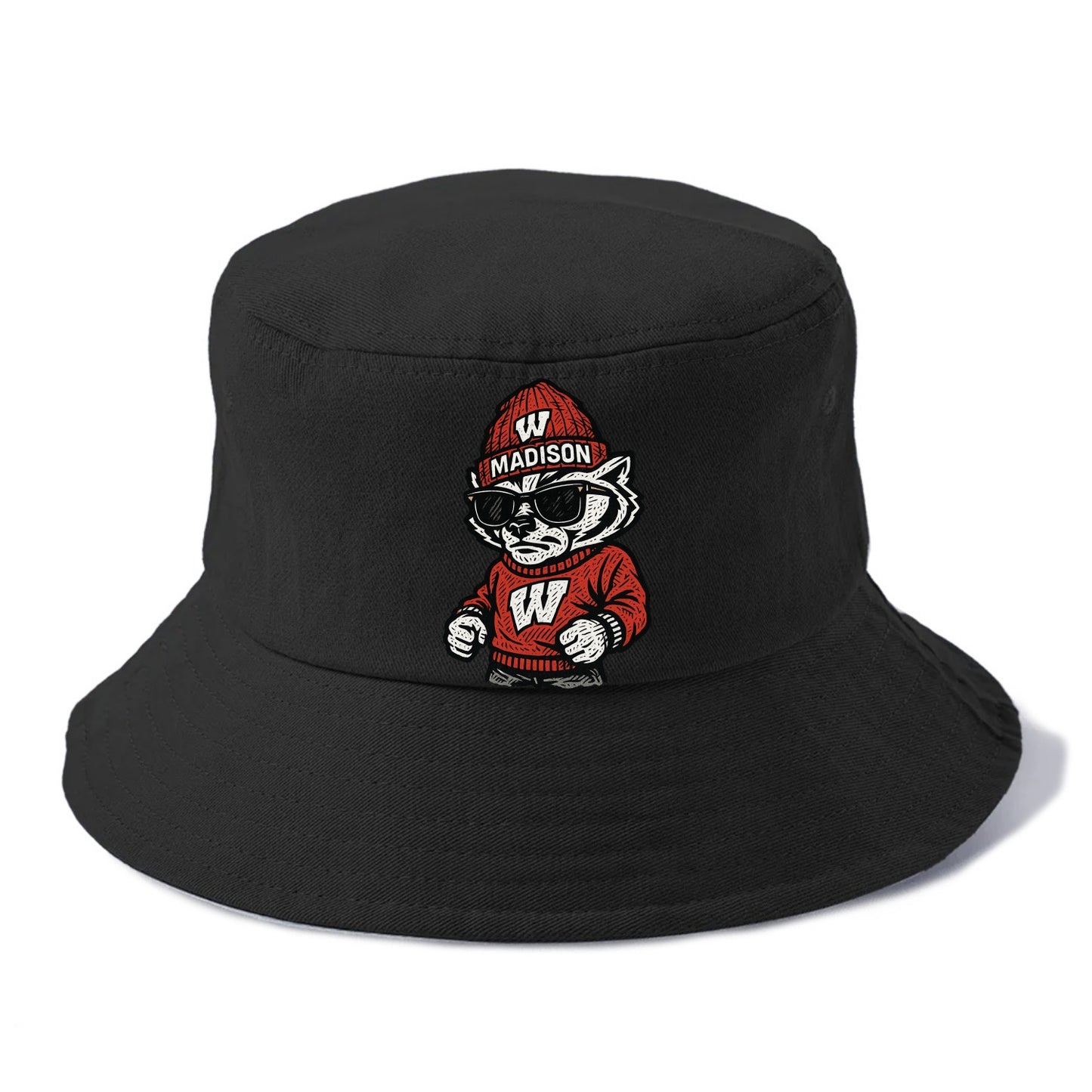 Madison Badger wearing Wisconsin beanie with motion W patch - Bucket Hat - Black