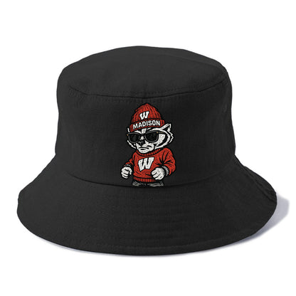 Madison Badger wearing Wisconsin beanie with motion W patch - Bucket Hat - Black