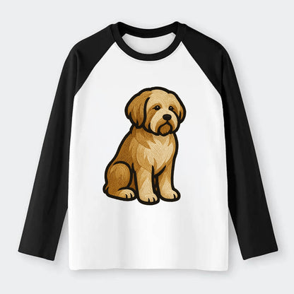 Tibetan Terrier - Gold and white embroidered sitting pose - Raglan Long Sleeve T-Shirt - Black