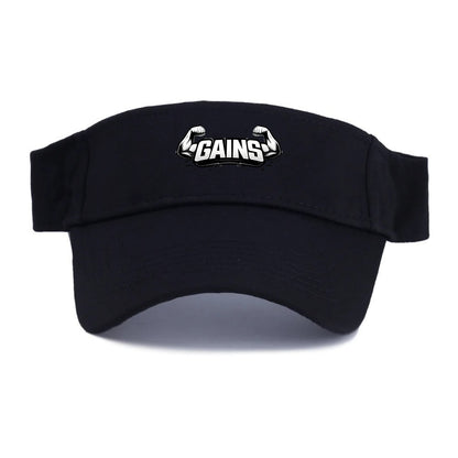 Bold typography design - "GAINS" - muscle growth, progress visible - Visor - Black