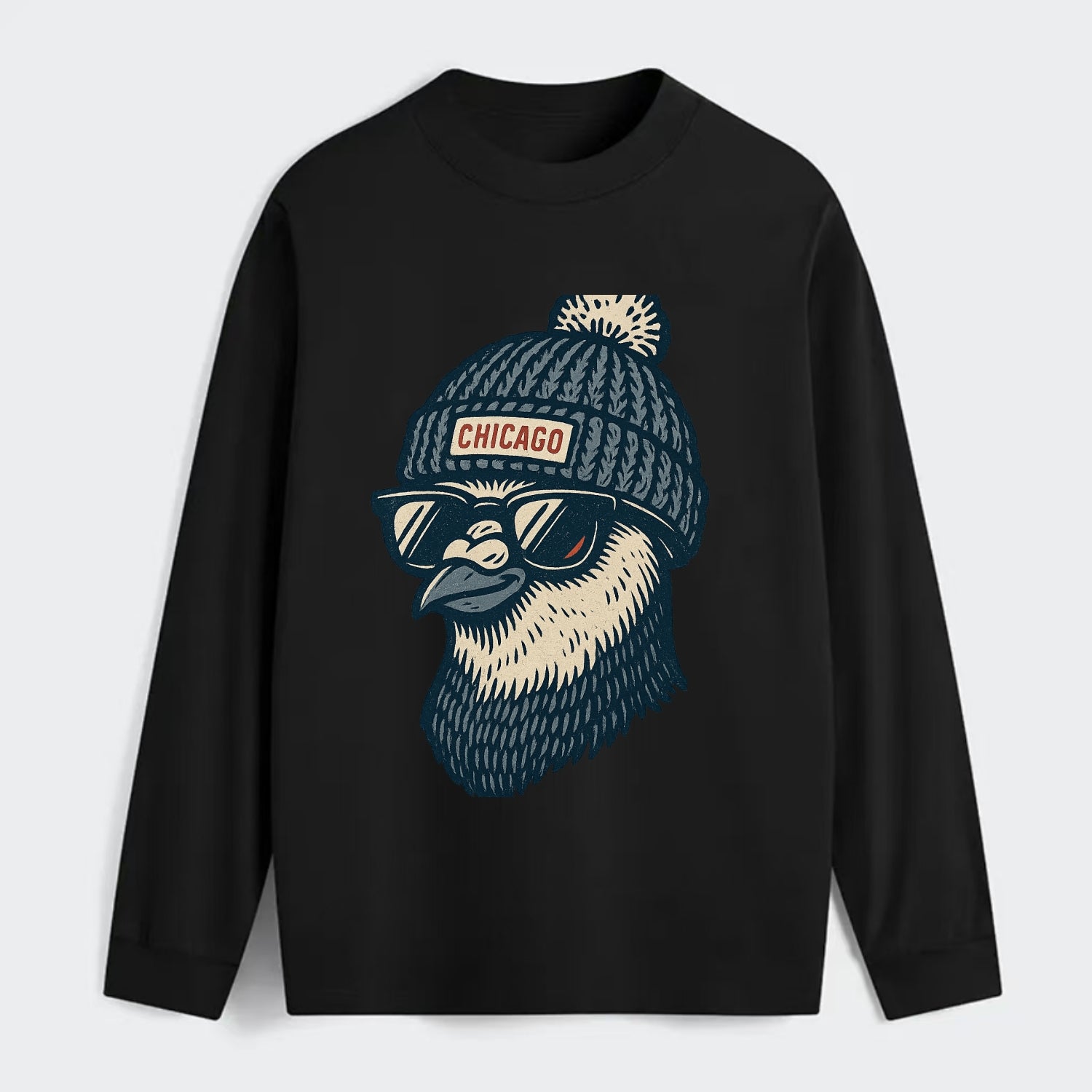 Chicago Pigeon wearing Chicago beanie with pom pom and wayfarer - Classic Long Sleeve Shirt - Black