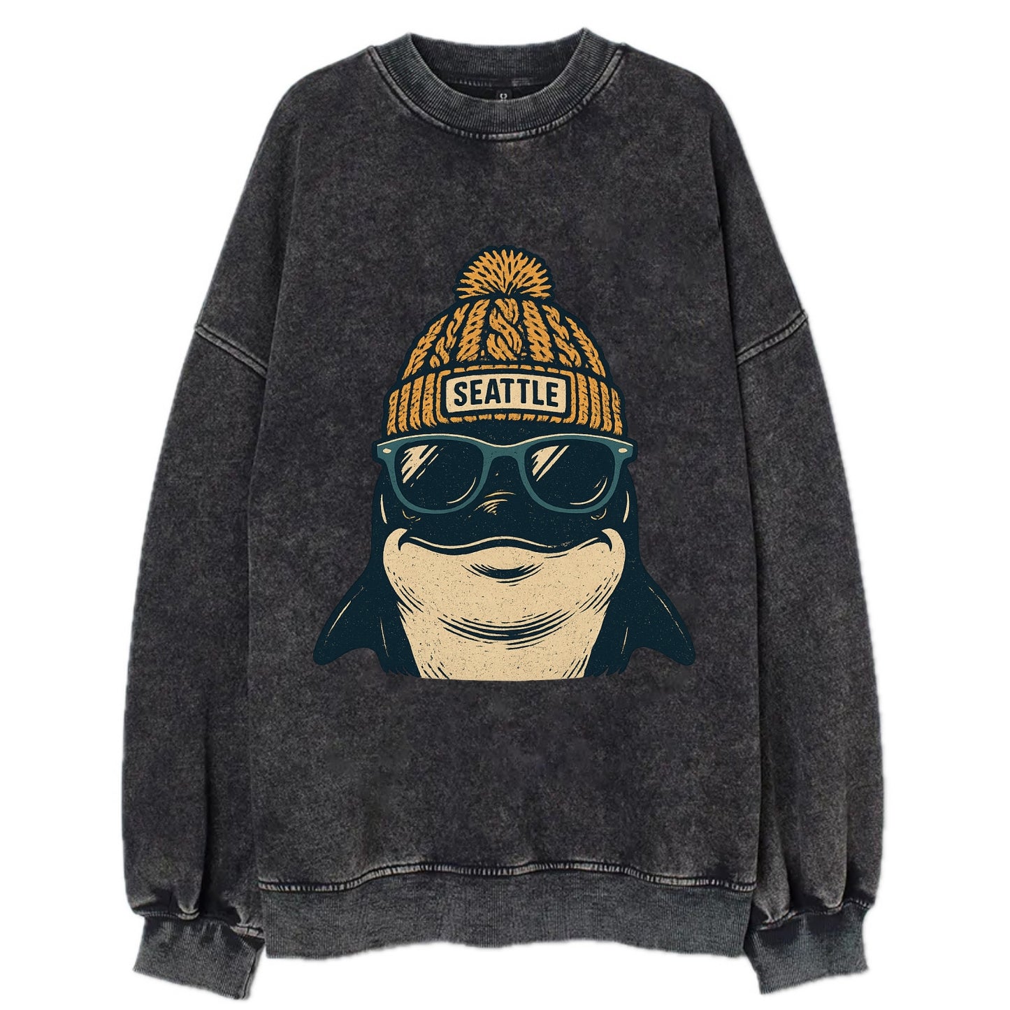 Seattle Orca wearing Seattle beanie with pom pom and wayfarer sunglasses - Vintage Sweatshirt - Black