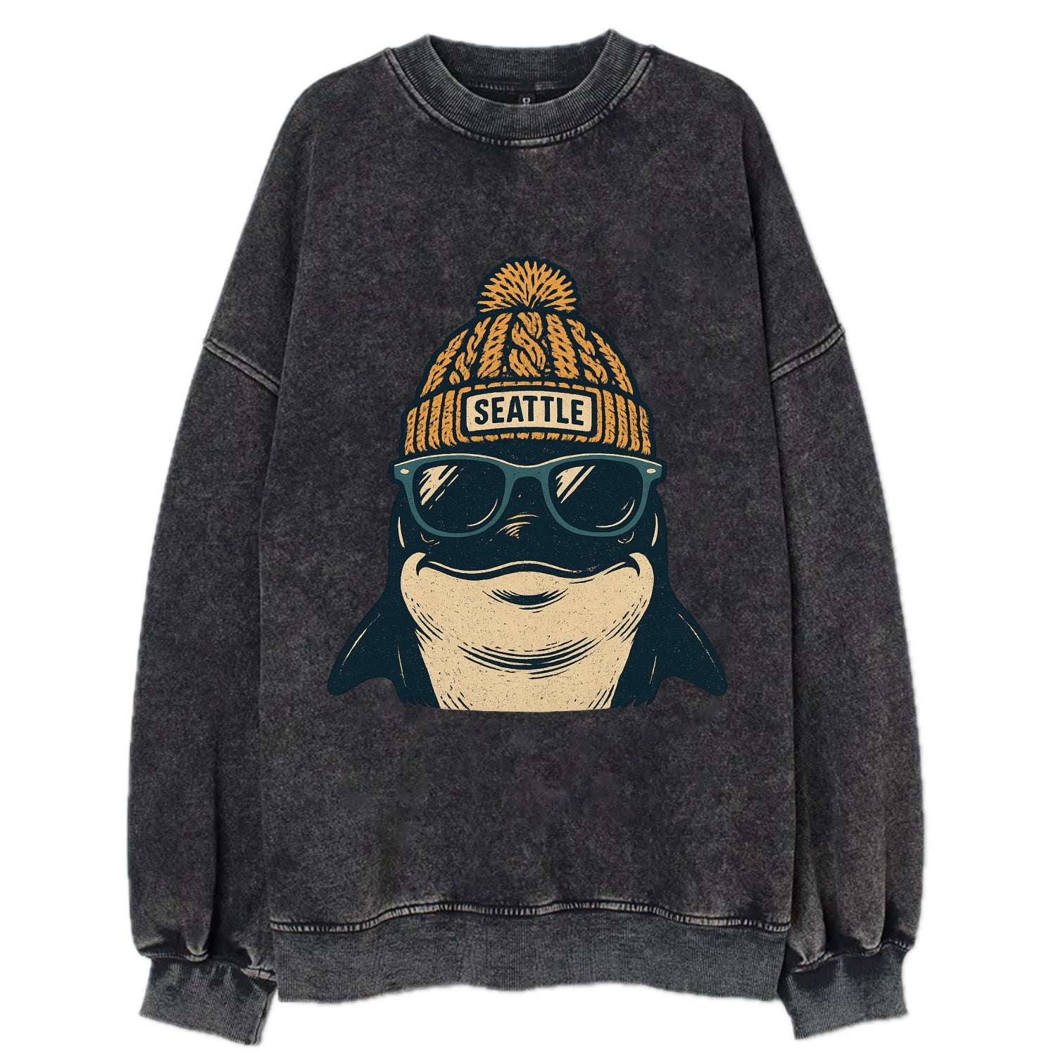 Seattle Orca wearing Seattle beanie with pom pom and wayfarer sunglasses - Vintage Sweatshirt - Black