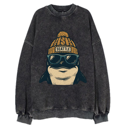 Seattle Orca wearing Seattle beanie with pom pom and wayfarer sunglasses - Vintage Sweatshirt - Black