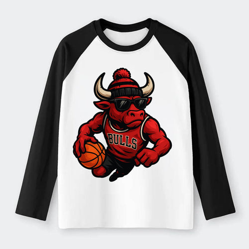 Chicago Bull wearing Bulls red and black beanie with horns design and - Raglan Long Sleeve T-Shirt
