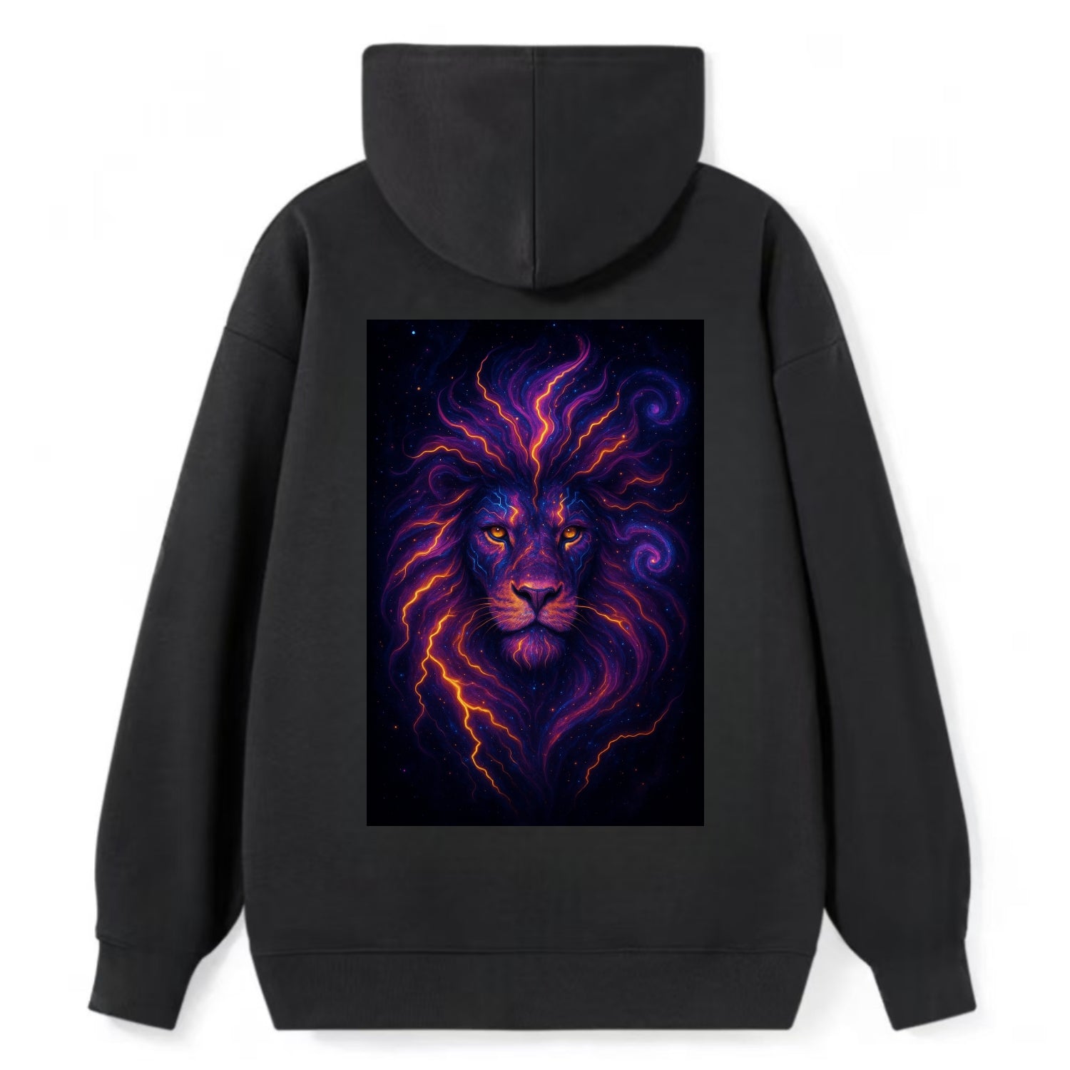 Regal lion with mane made of electric currents, neon yellow and hot pink - Classic Pullover Hoodie - Black