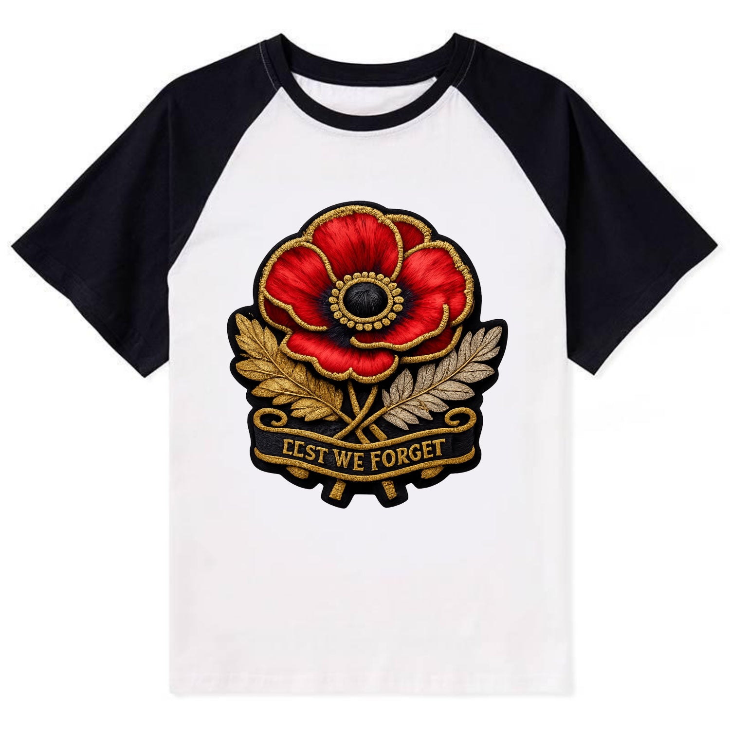 MEMORIAL POPPY - red poppy flower in scarlet , remembrance - Contrast Raglan T-shirt - Black
