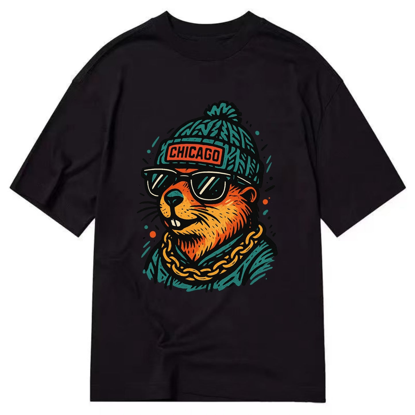 Illinois Prairie Dog wearing Chicago beanie with pom pom and wayfarer sunglasses - Classic T-shirt - Black