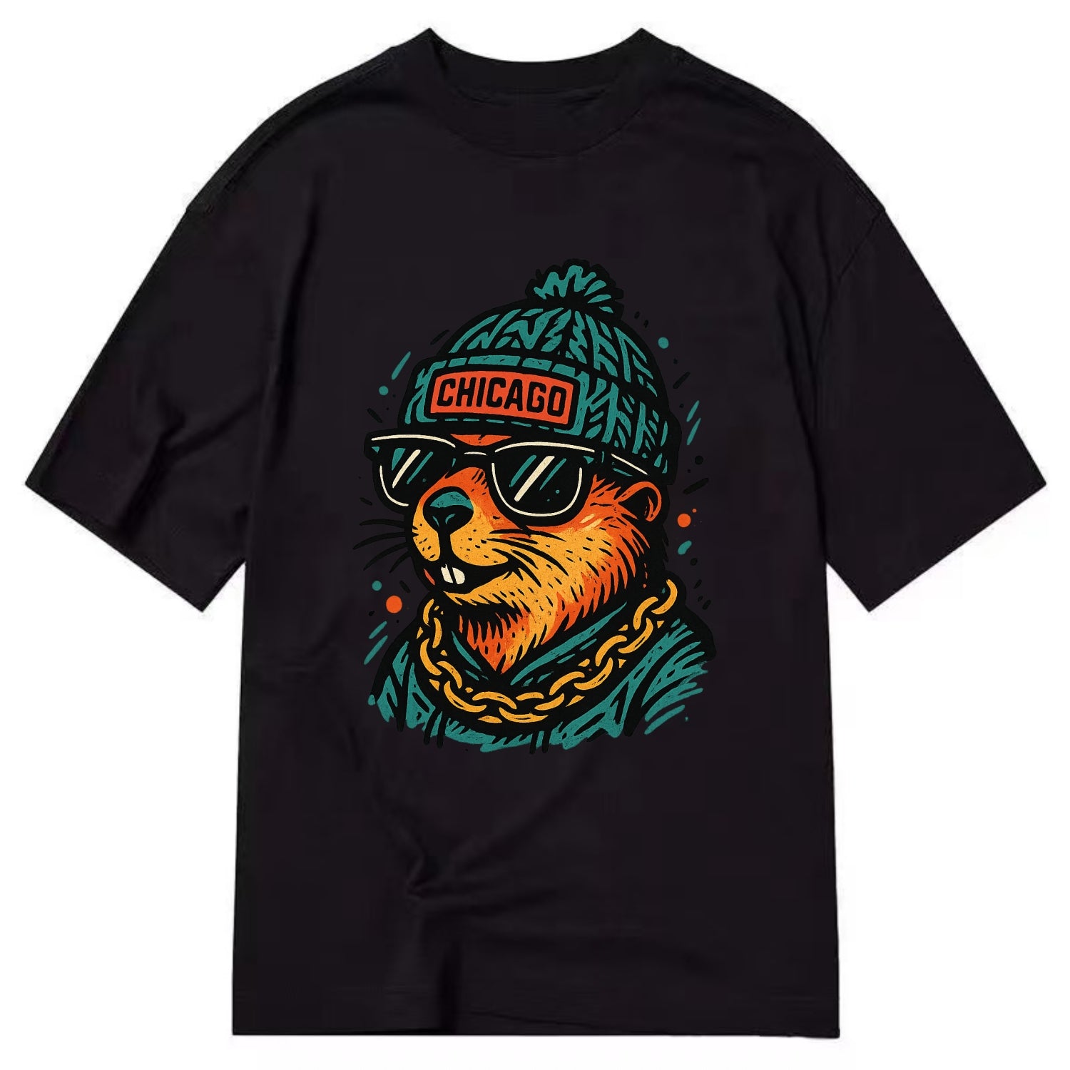 Illinois Prairie Dog wearing Chicago beanie with pom pom and wayfarer sunglasses - Classic T-shirt - Black