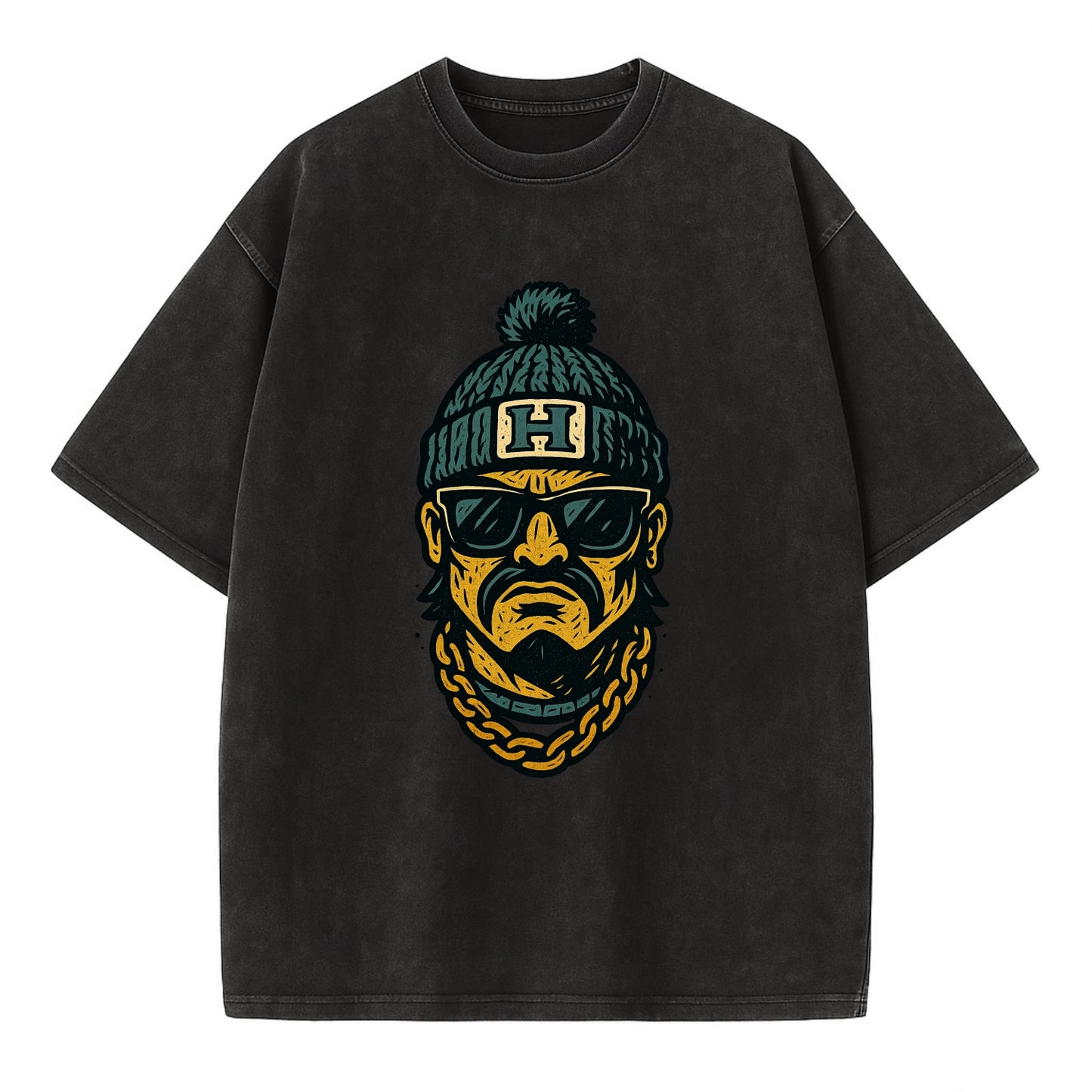 Honolulu Warrior wearing Hawaii beanie with H patch - Vintage T-shirt - Black