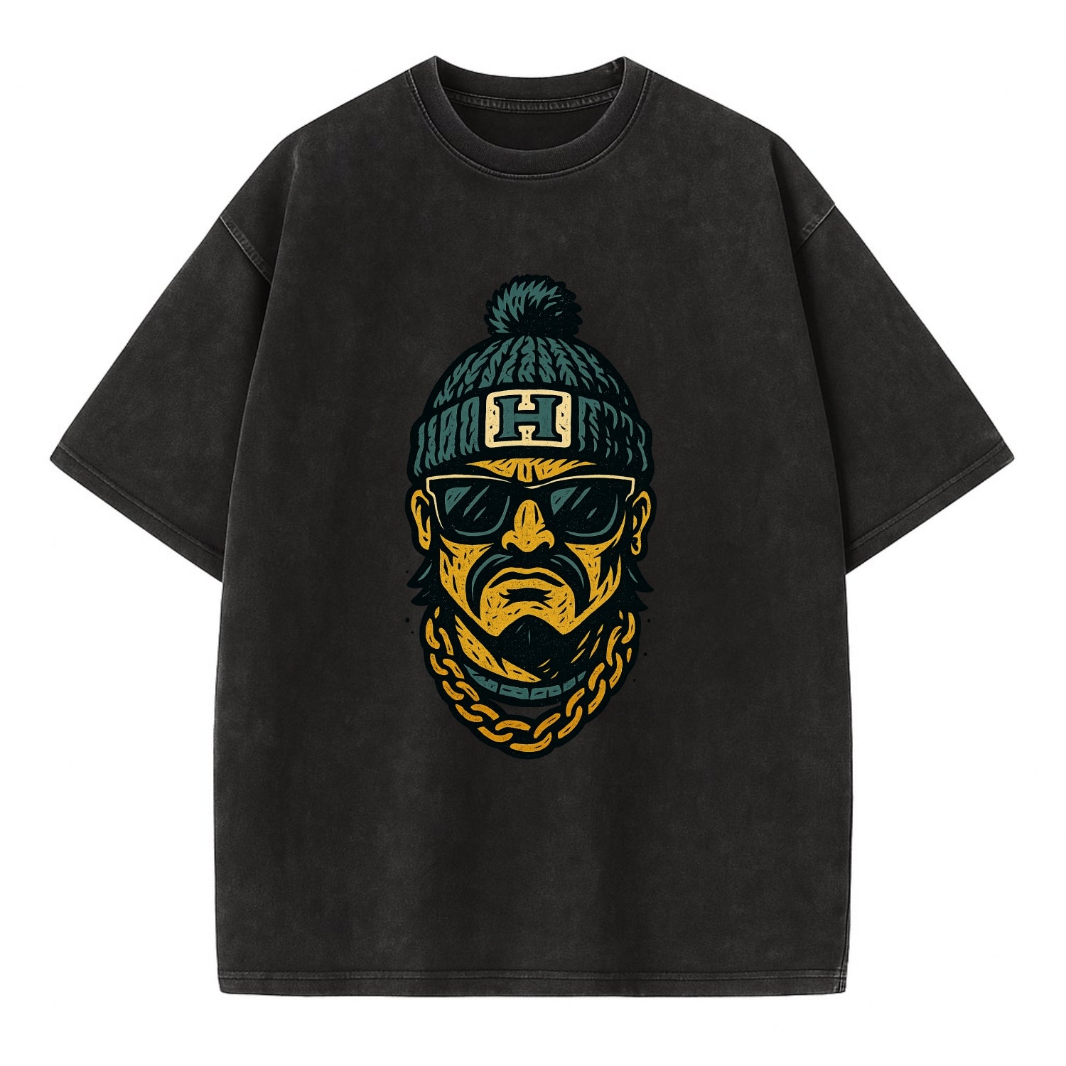 Honolulu Warrior wearing Hawaii beanie with H patch - Vintage T-shirt - Black