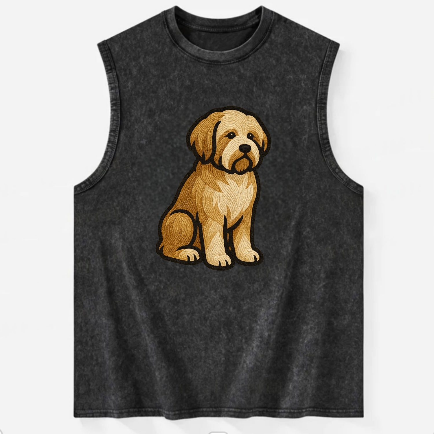 Tibetan Terrier - Gold and white embroidered sitting pose - Vintage Washed Tank - Black