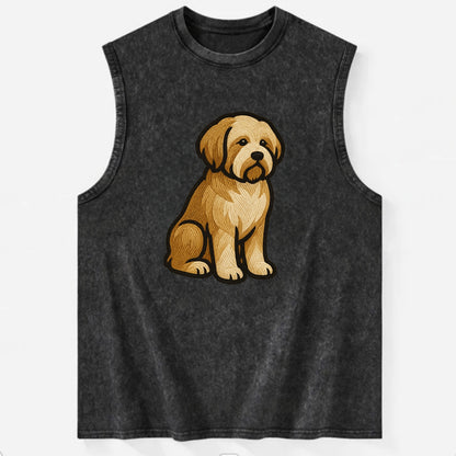 Tibetan Terrier - Gold and white embroidered sitting pose - Vintage Washed Tank - Black