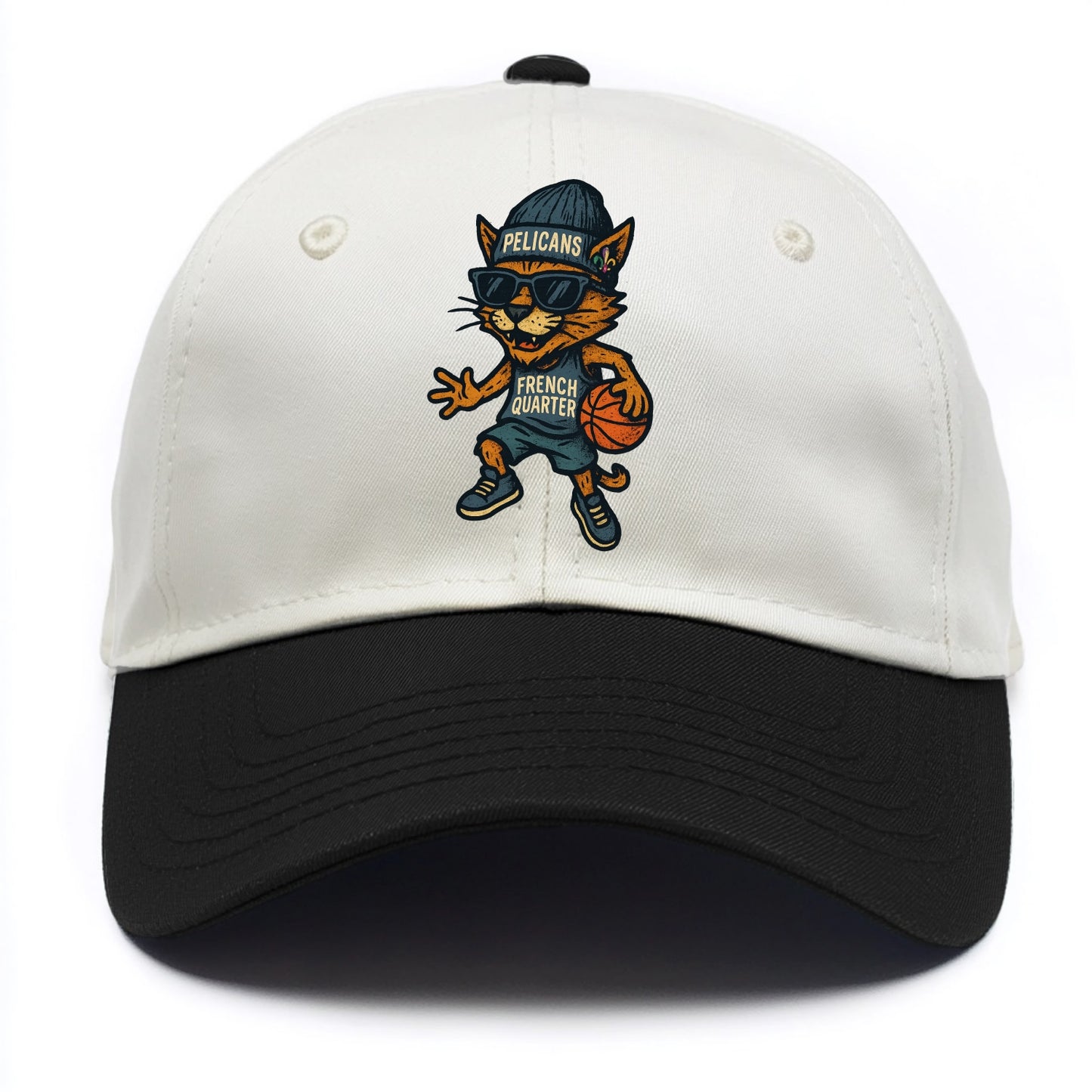 French Quarter Cat wearing Pelicans beanie with Mardi Gras patch and wayfarer - Two Tone Cap - Black