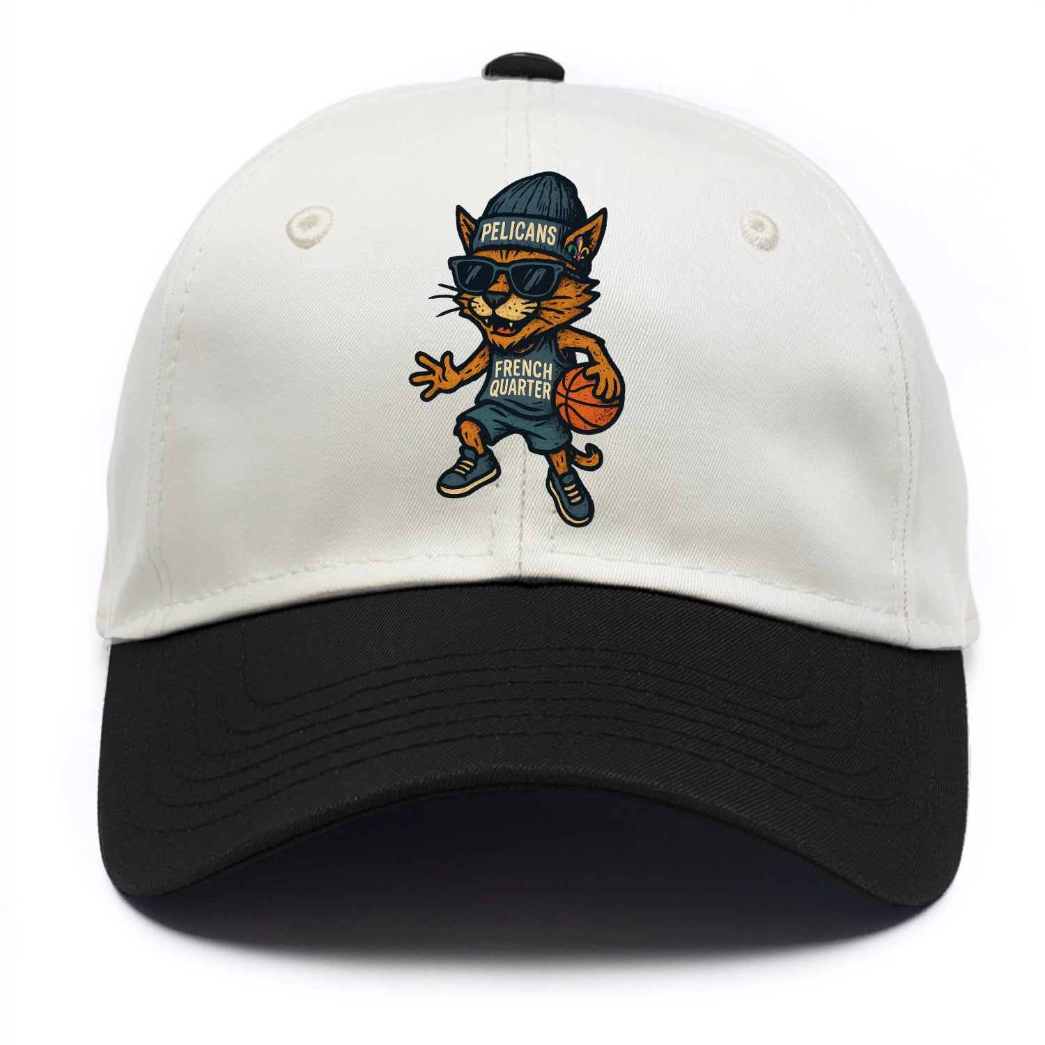 French Quarter Cat wearing Pelicans beanie with Mardi Gras patch and wayfarer - Two Tone Cap - Black
