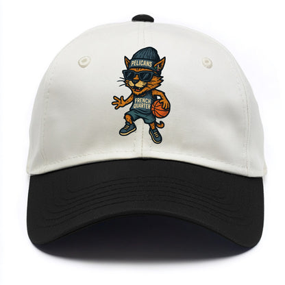 French Quarter Cat wearing Pelicans beanie with Mardi Gras patch and wayfarer - Two Tone Cap - Black