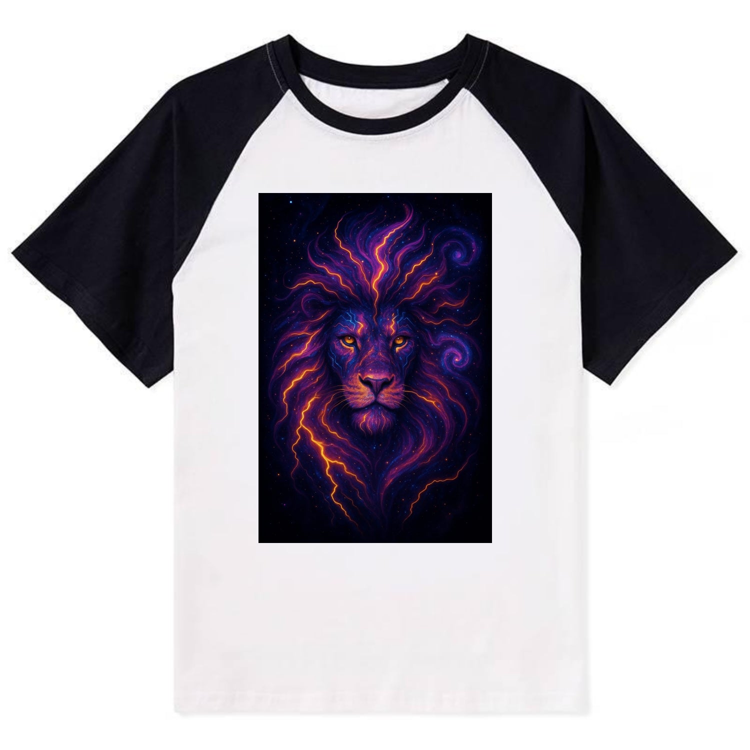 Regal lion with mane made of electric currents, neon yellow and hot pink - Contrast Raglan T-shirt - Black