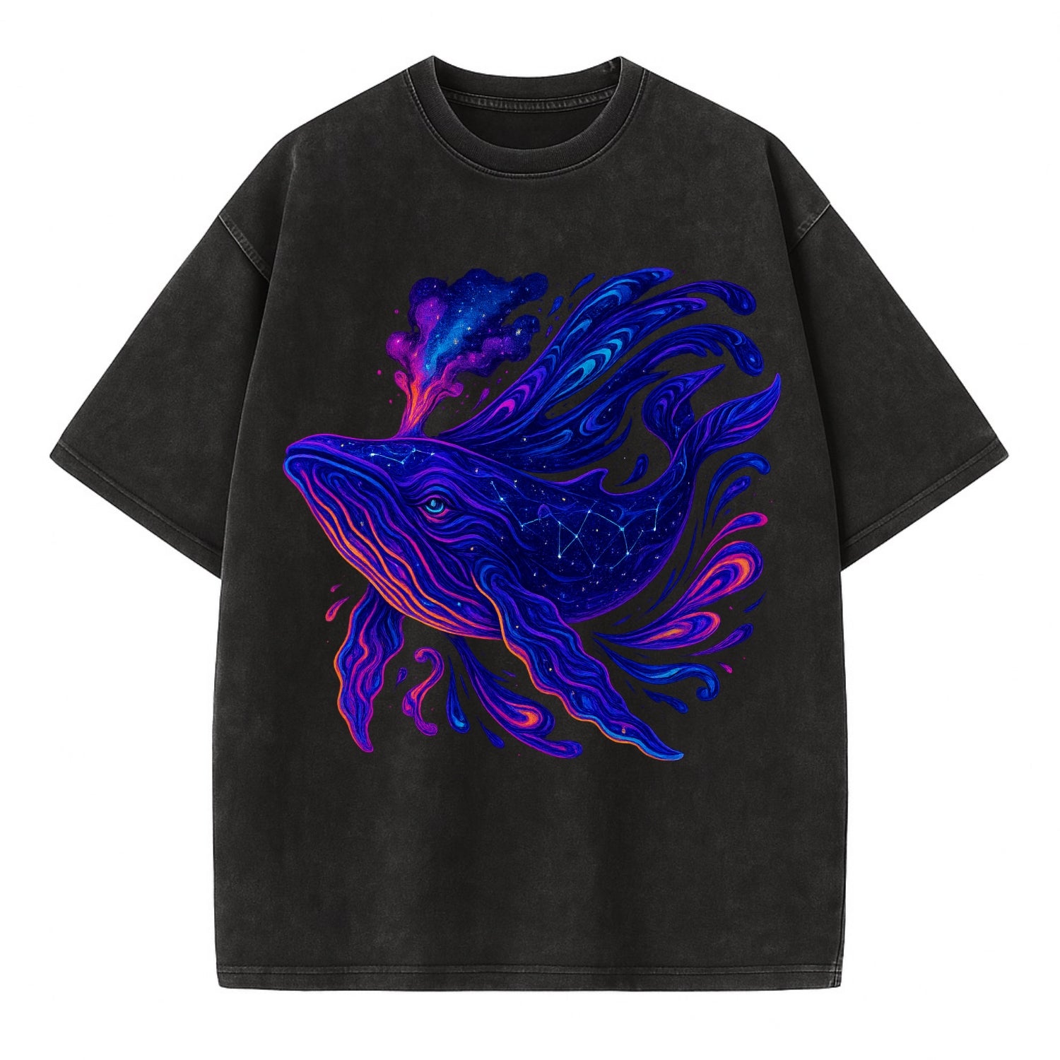 Majestic whale with body composed of galaxy clusters, stellar fins flowing like - Vintage T-shirt - Black