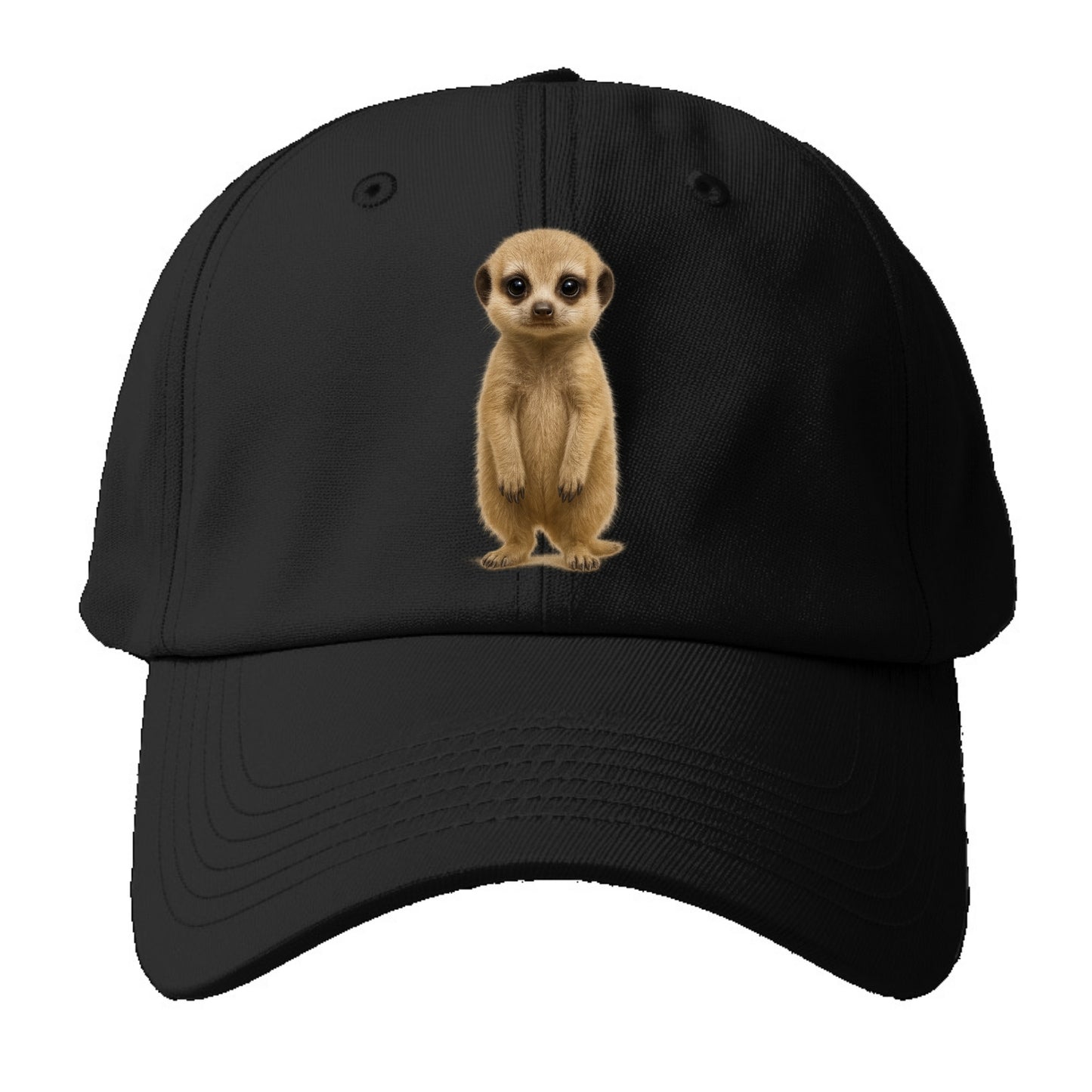 Baby Meerkat - tan fur, dark eye patches, alert stance, bright eyes, front-facing, - Baseball Cap - Black