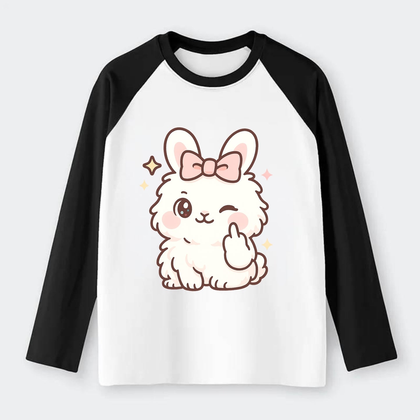fluffy white angora rabbit with pink bow, one paw delicately flipping - Raglan Long Sleeve T-Shirt - Black