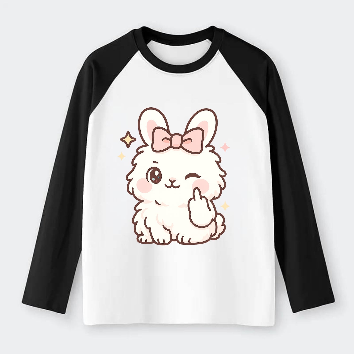 fluffy white angora rabbit with pink bow, one paw delicately flipping - Raglan Long Sleeve T-Shirt - Black