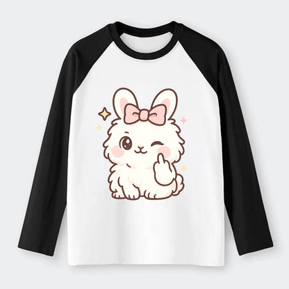 fluffy white angora rabbit with pink bow, one paw delicately flipping - Raglan Long Sleeve T-Shirt - Black