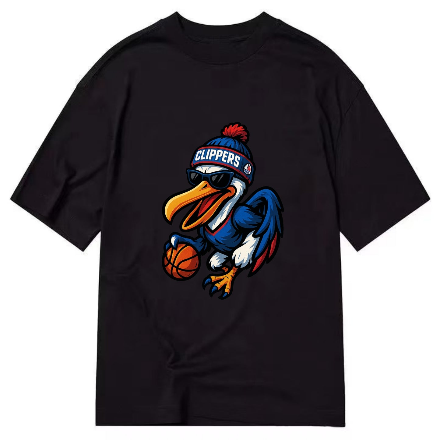 Los Angeles Pelican wearing Clippers beanie with sailboat patch and wayfarer - Classic T-shirt - Black