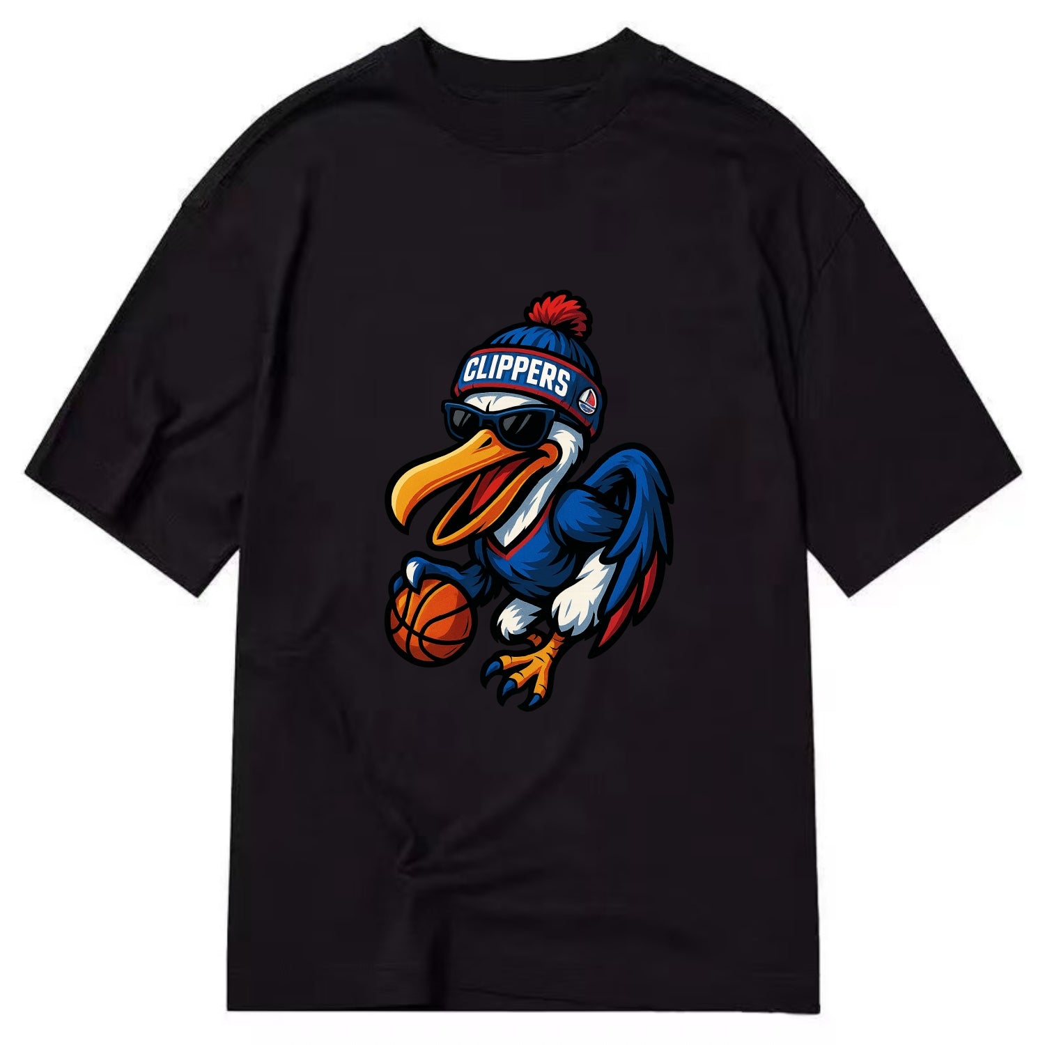 Los Angeles Pelican wearing Clippers beanie with sailboat patch and wayfarer - Classic T-shirt - Black