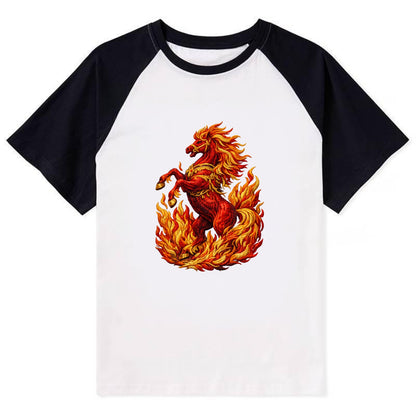 VICTORY BLAZE | Triumphant rearing horse in flames | Achievement - Contrast Raglan T-shirt - Black