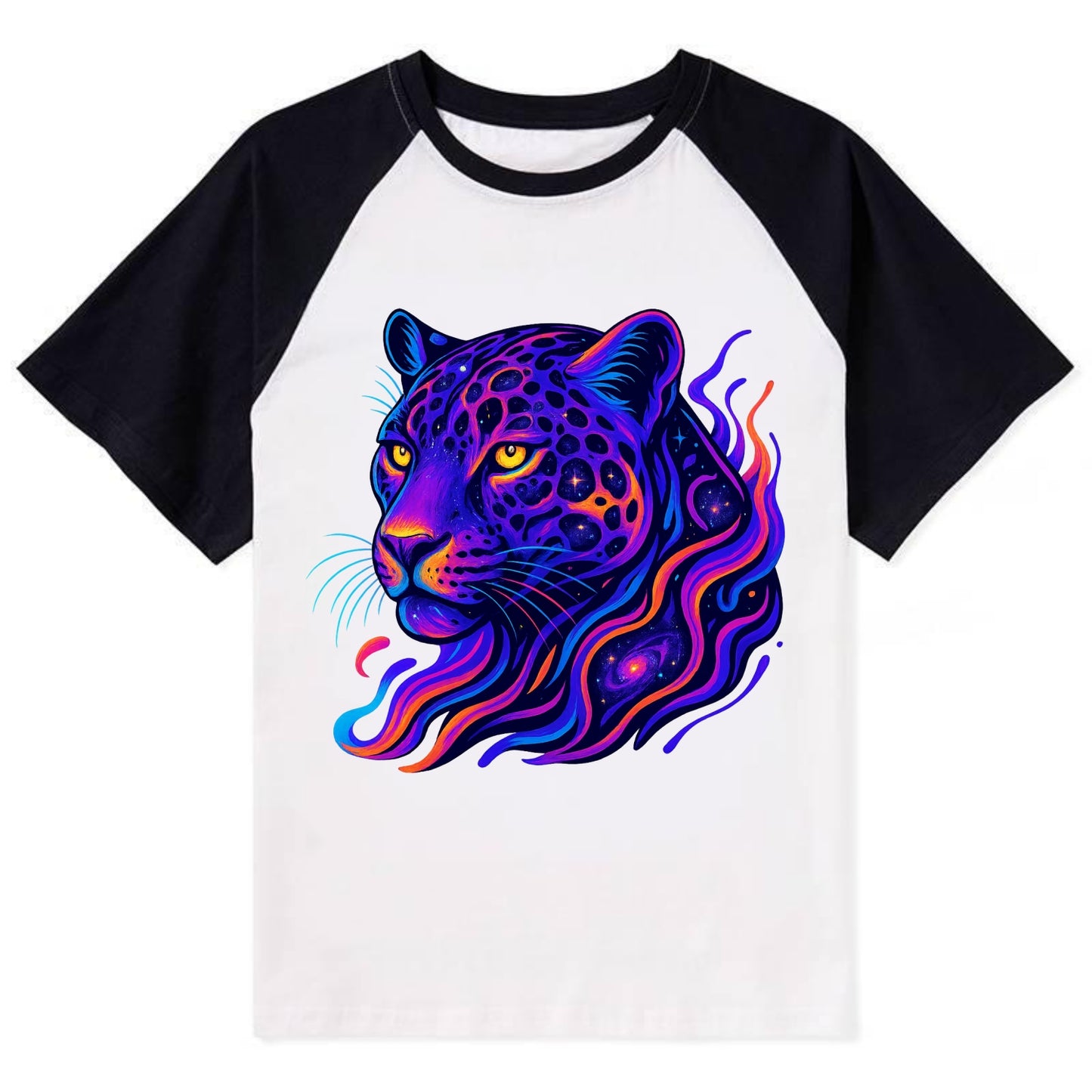 Powerful jaguar with rosettes containing miniature galaxies, cosmic - Contrast Raglan T-shirt - Black