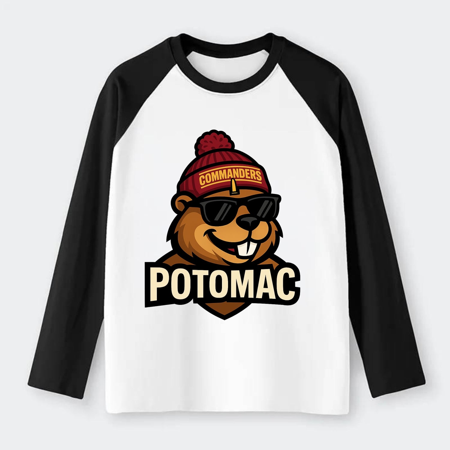 Potomac Beaver wearing Commanders beanie with monument patch and - Raglan Long Sleeve T-Shirt - Black