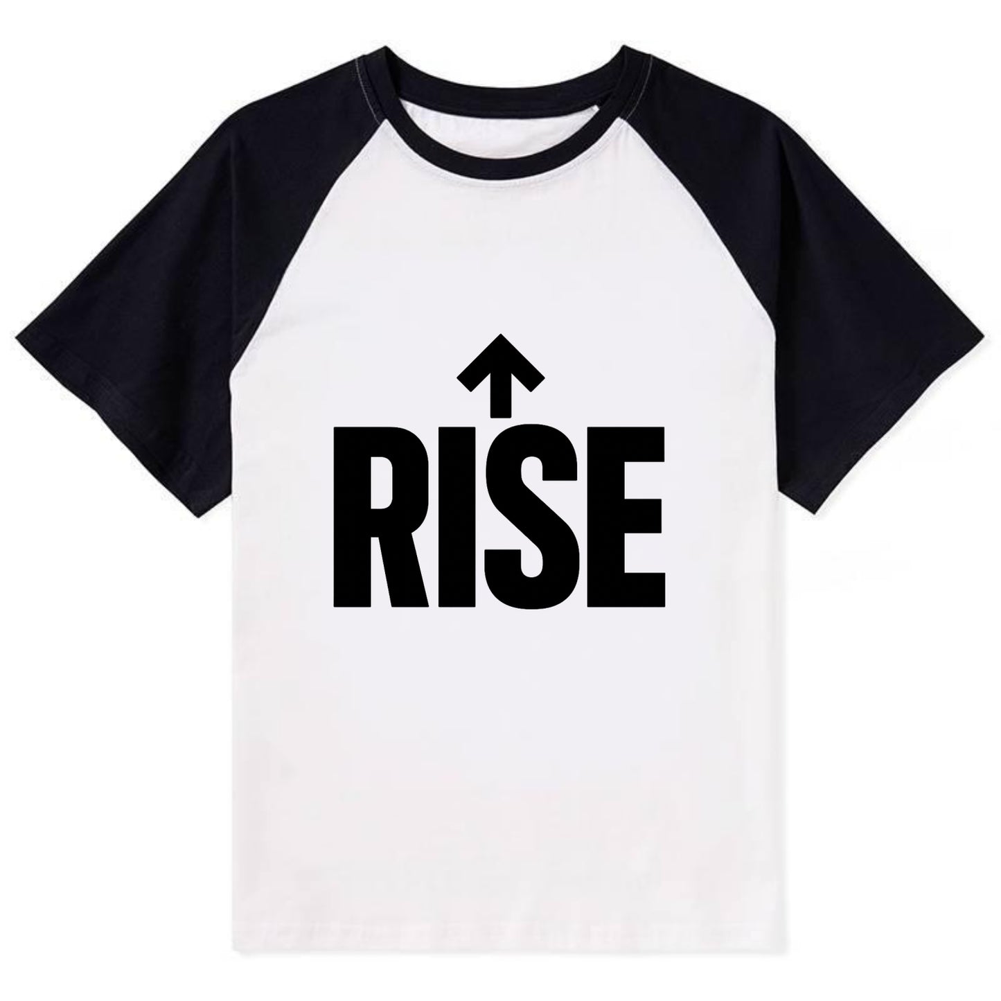 Bold typography design - "RISE" - getting up, ascending, elevating - Contrast Raglan T-shirt - Black
