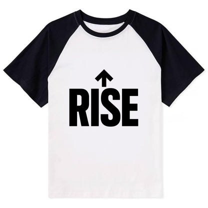 Bold typography design - "RISE" - getting up, ascending, elevating - Contrast Raglan T-shirt - Black