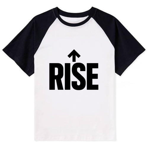 Bold typography design - RISE - getting up, ascending, elevating - Contrast Raglan T-shirt