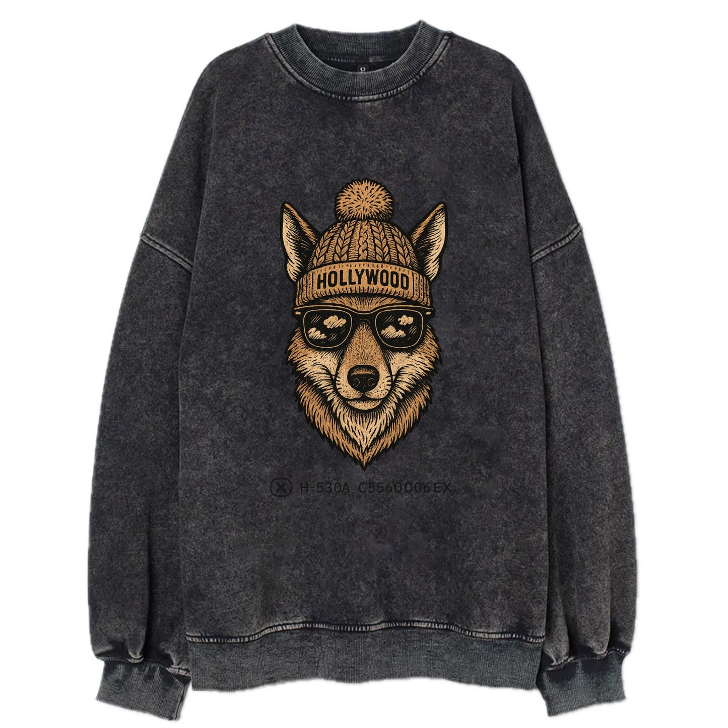 LA Coyote wearing Hollywood beanie with pom pom and wayfarer sunglasses - Vintage Sweatshirt - Black