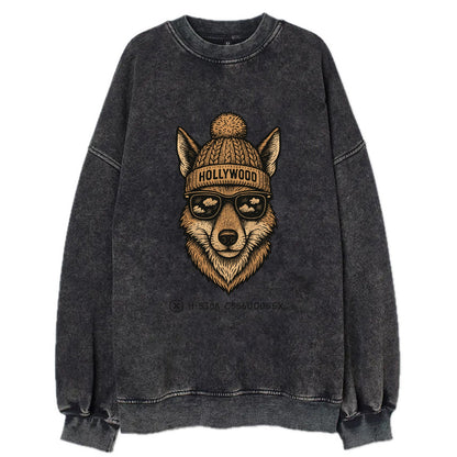 LA Coyote wearing Hollywood beanie with pom pom and wayfarer sunglasses - Vintage Sweatshirt - Black