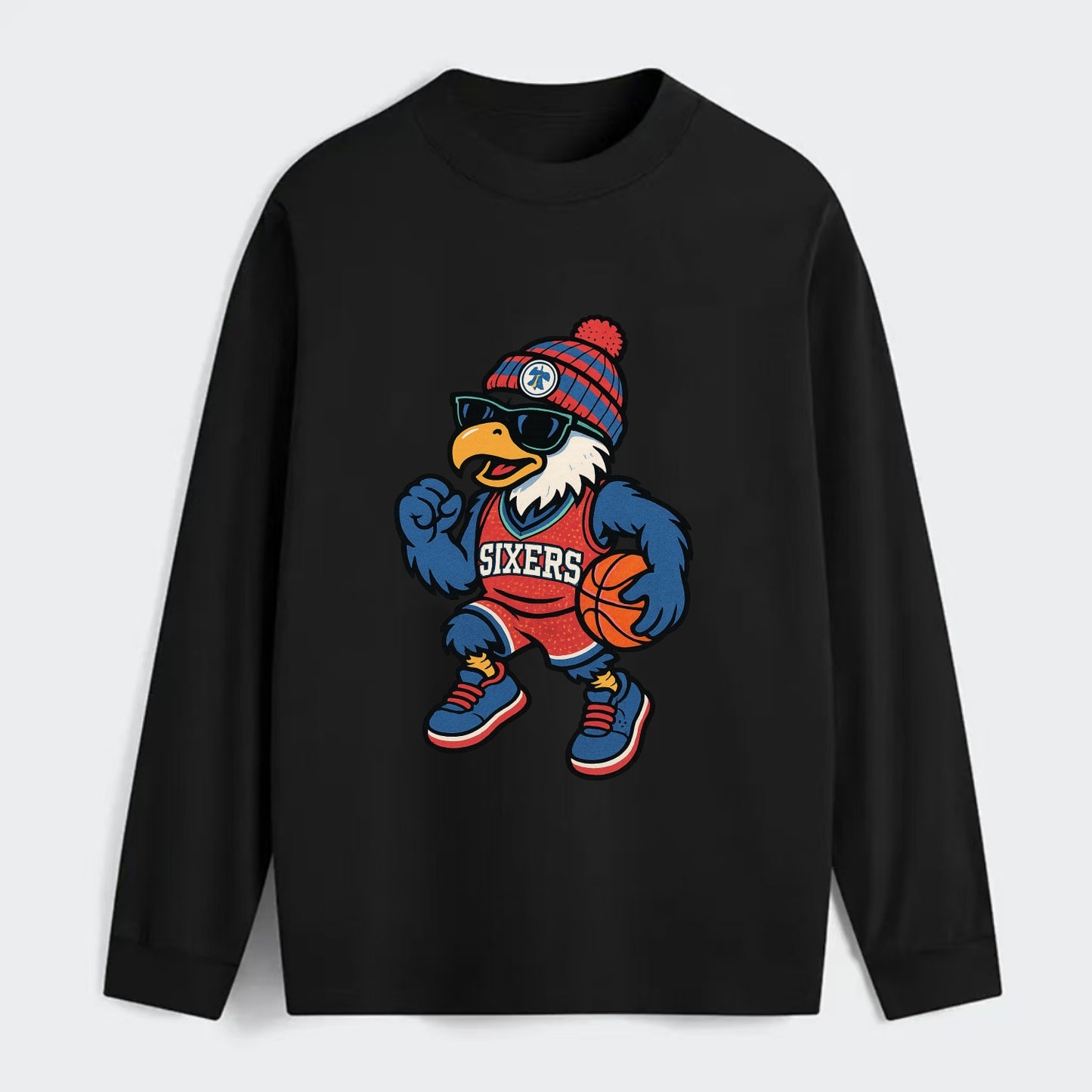 Philadelphia Eagle wearing 76ers red white and blue beanie with bell - Classic Long Sleeve Shirt - Black