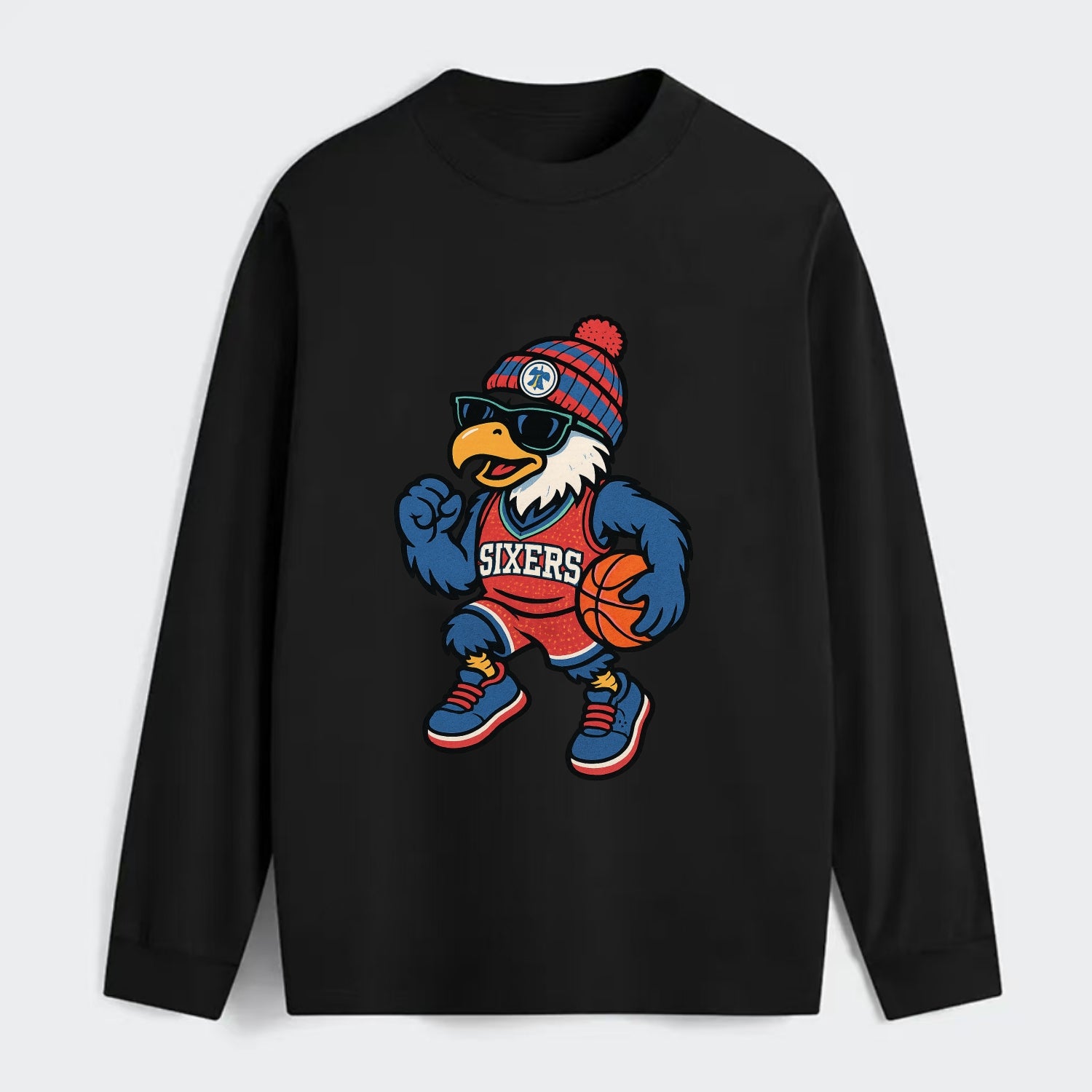 Philadelphia Eagle wearing 76ers red white and blue beanie with bell - Classic Long Sleeve Shirt - Black