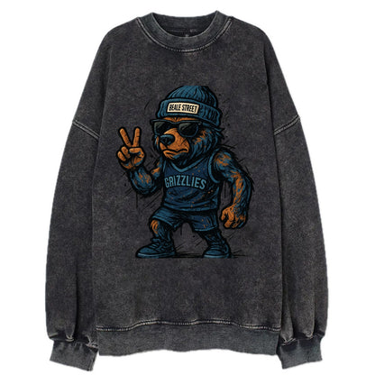 Memphis Grizzly Bear wearing Grizzlies navy and light blue beanie with Beale - Vintage Sweatshirt - Black