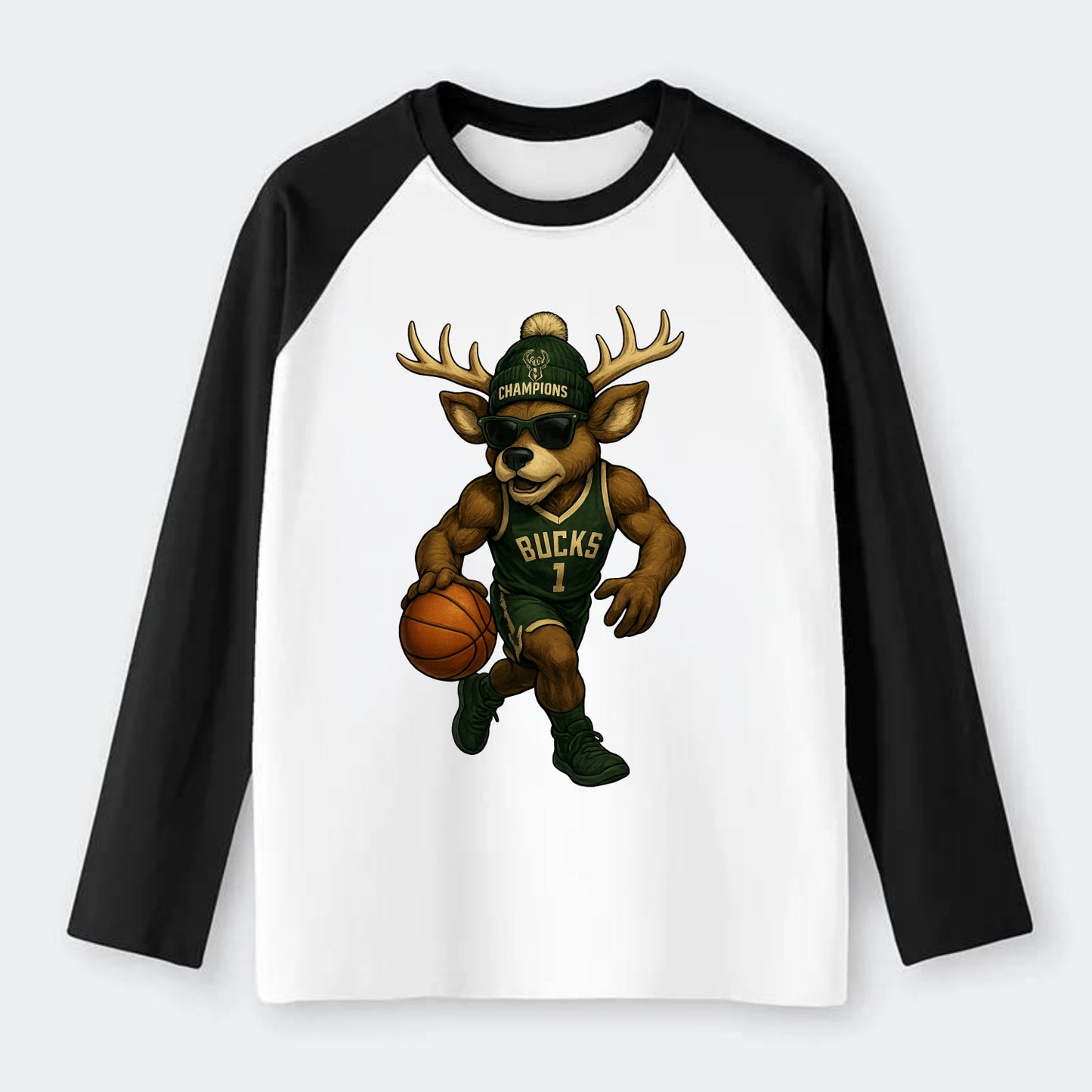 Milwaukee Buck Deer wearing Bucks green and cream beanie with antlers - Raglan Long Sleeve T-Shirt - Black